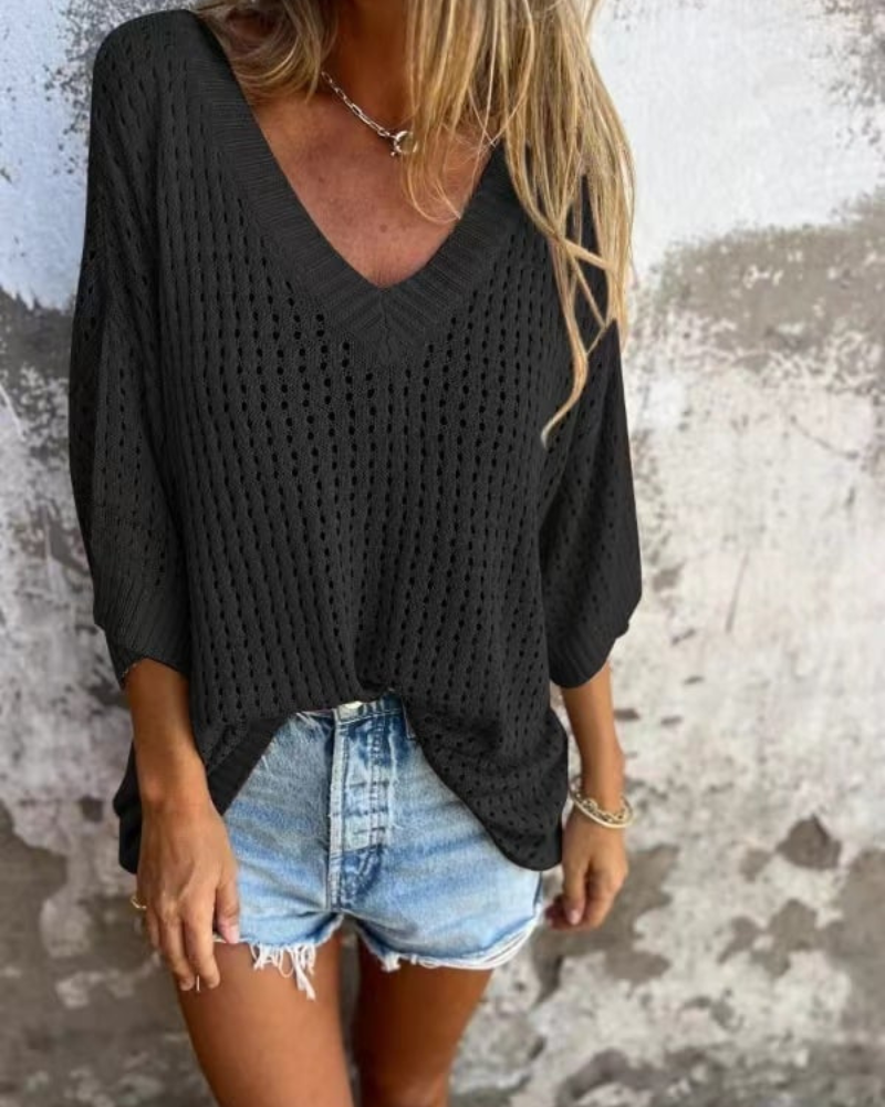 DAONA - V-neck Hollow Knitted Top